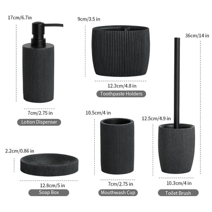 Sleek Black Bathroom Set: Soap Dispenser, Toothbrush Holder, Tumbler, Soap Dish, Mouthwash Cup, Toilet Brush Holder