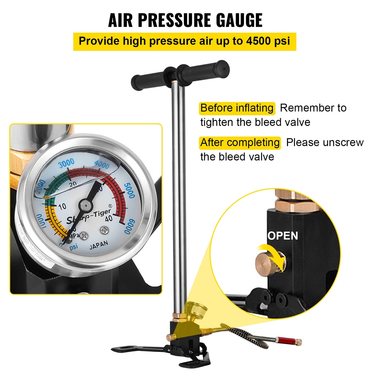 3-Stage PCP Pump with 4500PSI Pressure Gauge - Versatile High-Pressure Hand Pump for Tire, Kayak, Ball, and Air Gun Filling