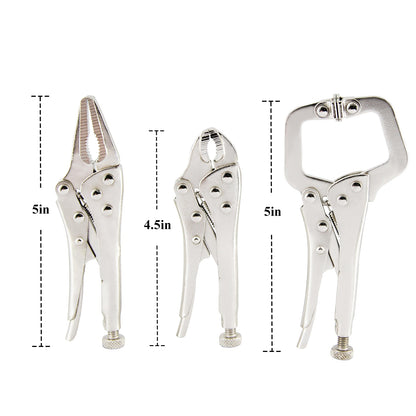 Assorted Locking Welding Clamp Set - Includes 3 Mini Vise Locking Pliers: 4in. Curved Jaw, 5in. Long Nose, and 5in. C Clamp