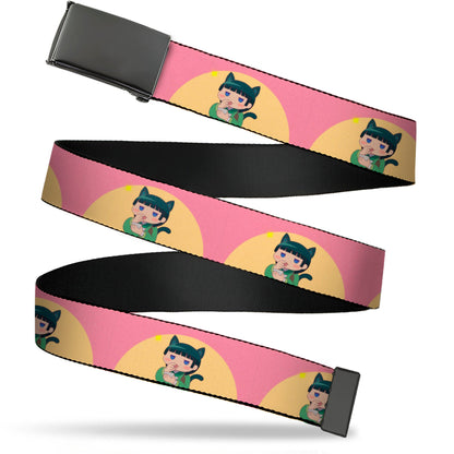Web Belt Blank Black Buckle - The Apothecary Diaries Chibi Maomao Cat Pose Pink/Yellow Webbing