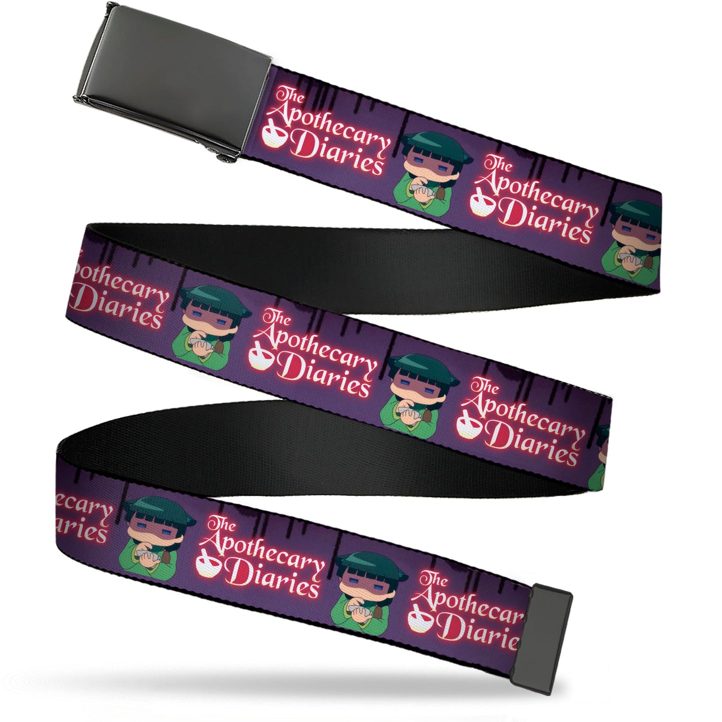Web Belt Blank Black Buckle - THE APOTHECARY DIARIES Chibi Maomao Pose and Title Logo Purple Webbing