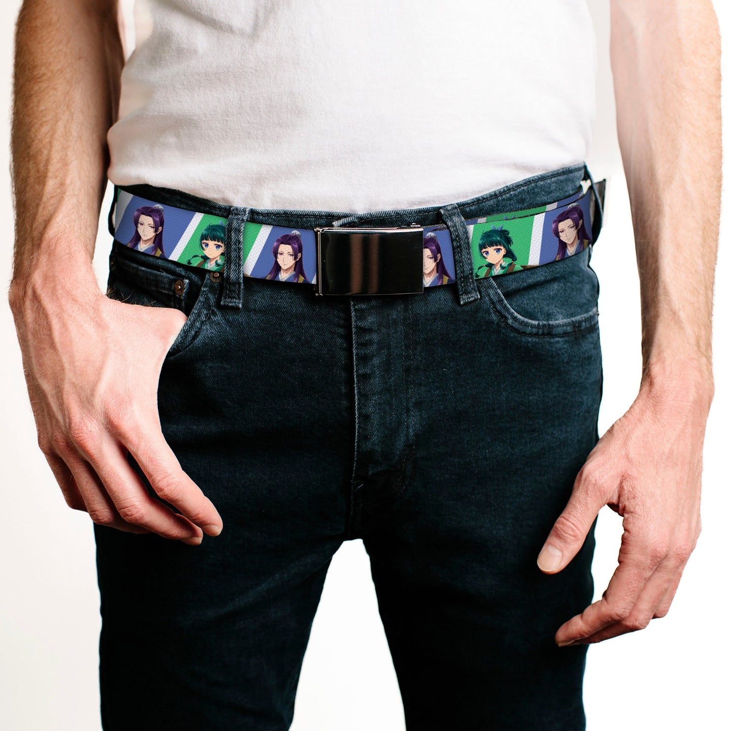 Web Belt Blank Black Buckle - The Apothecary Diaries Jinshi and Maomao Pose Blocks White/Blue/Green Webbing