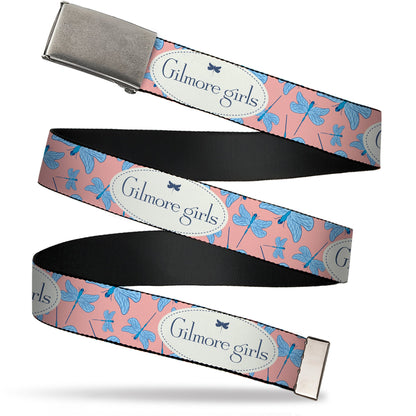 Web Belt Clasp Buckle - GILMORE GIRLS Title Logo and Dragon Flies Scattered Pink/White/Blues Webbing