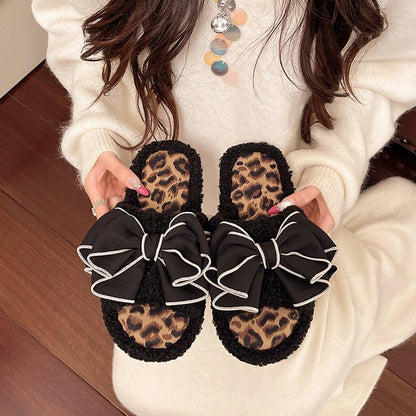 Women's Outdoor Wear Thicken Cotton Slippers Bow Flat 2026 Korean Style Fashion Home Warm Plush Shoes