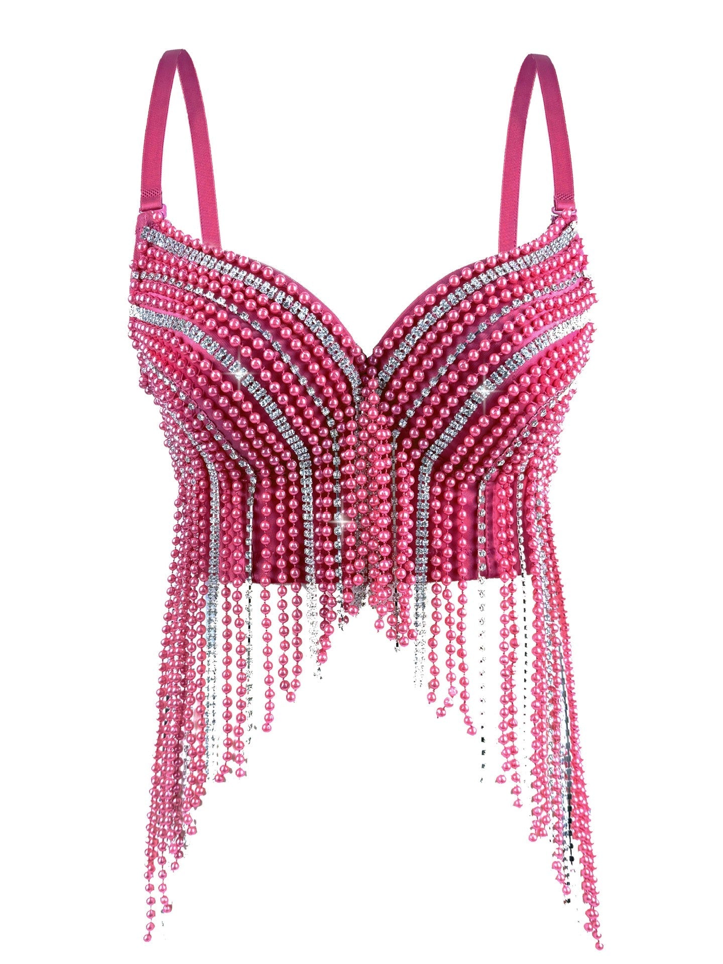 Cross-Border New Pearl Diamond Chain Tassel Suspender Top European And American Summer Sexy Pure Desire Outer Wear Stage Fishbone Bra