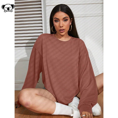 Womens Loose-Fit Solid-Color Plus-Size Long-Sleeve T-Shirt
