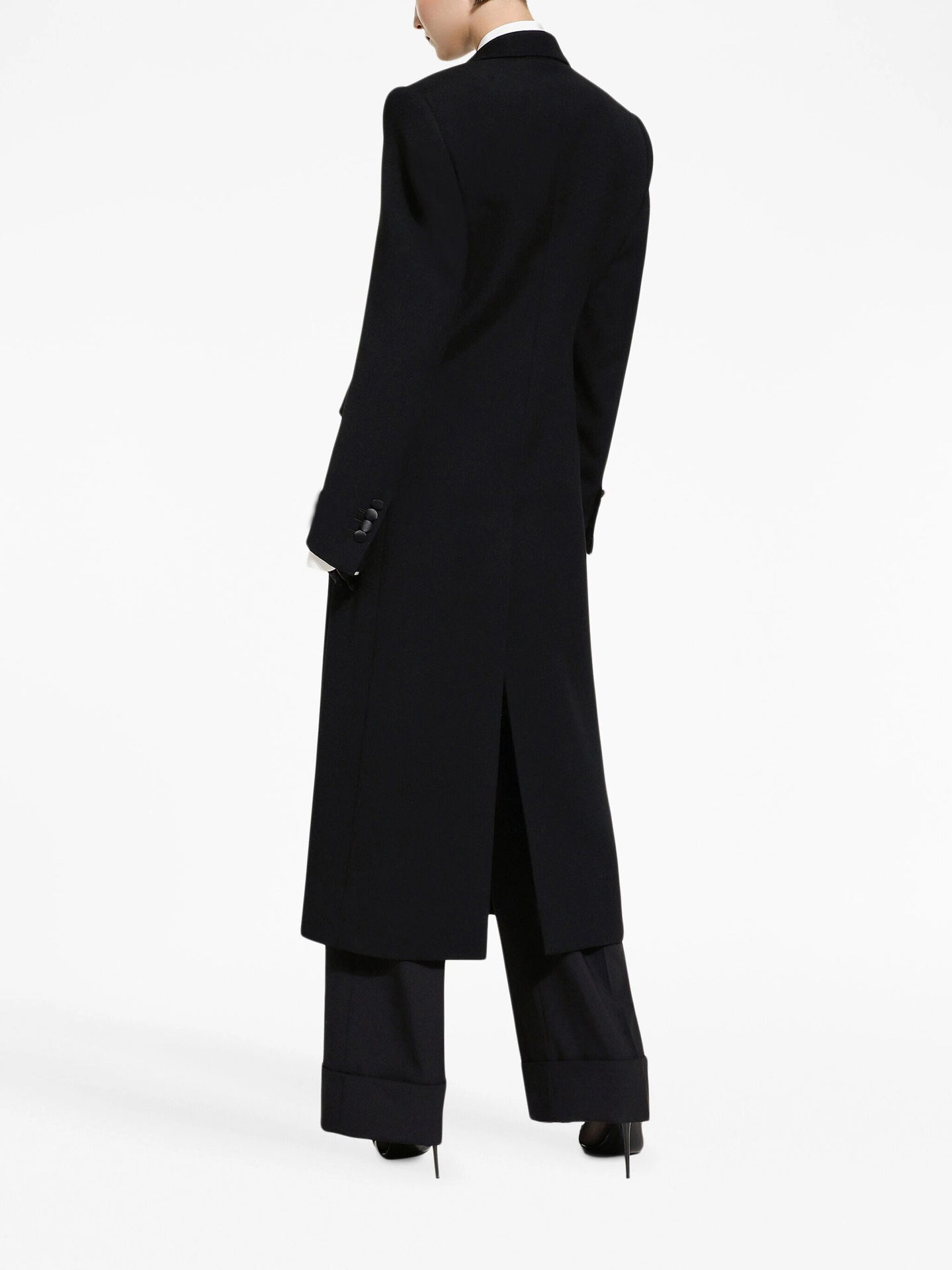Colored Satin-lined Long-sleeve Coat With A Back Slit