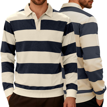 Men's Striped Color-Blocked Button Long-Sleeve Knit Shirt, Casual Sporty Trendy Business Polo Shirt
