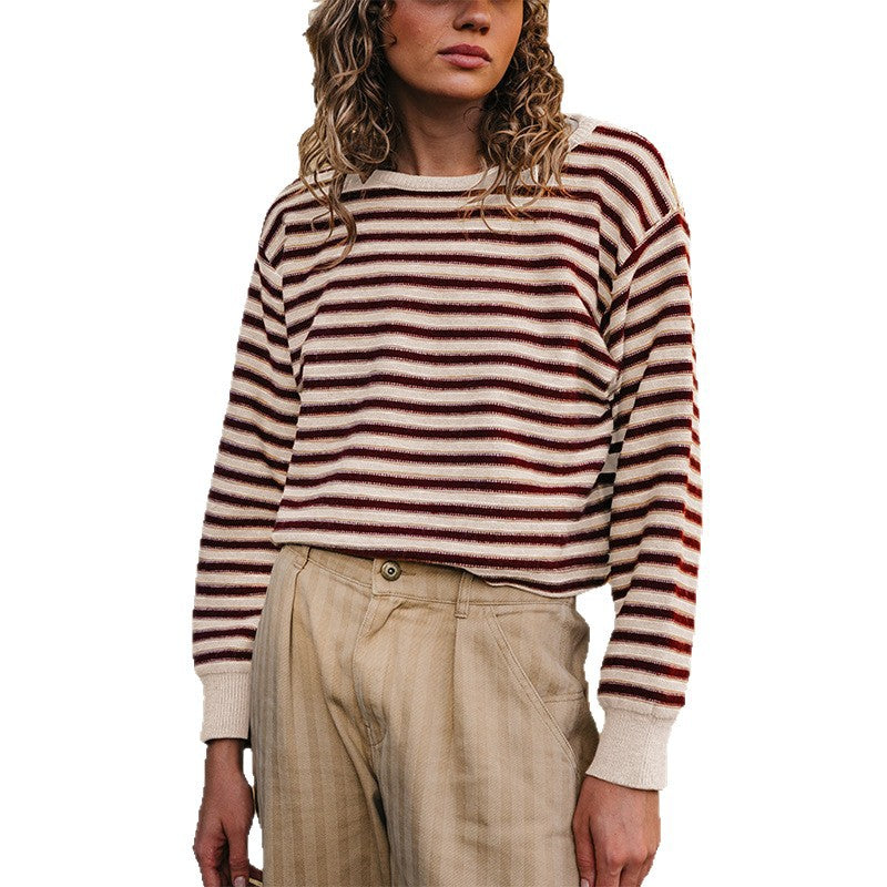 Womens Round-neck Knitted Striped Color-block Sweater