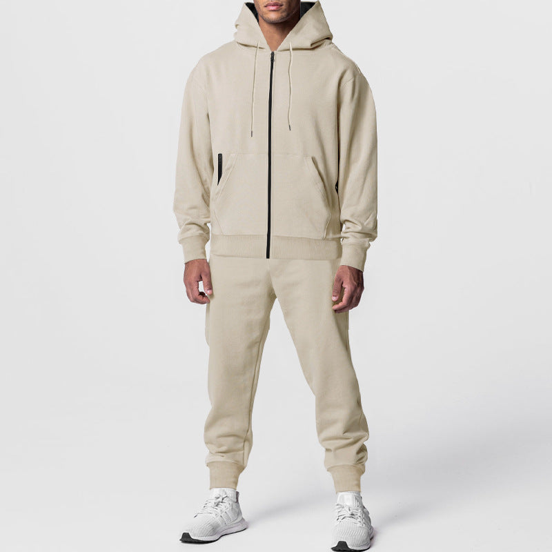 Mens Solid-Color Cardigan Zip-Up Long-Sleeve Sports Suit