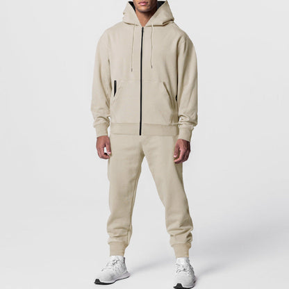 Mens Solid-Color Cardigan Zip-Up Long-Sleeve Sports Suit