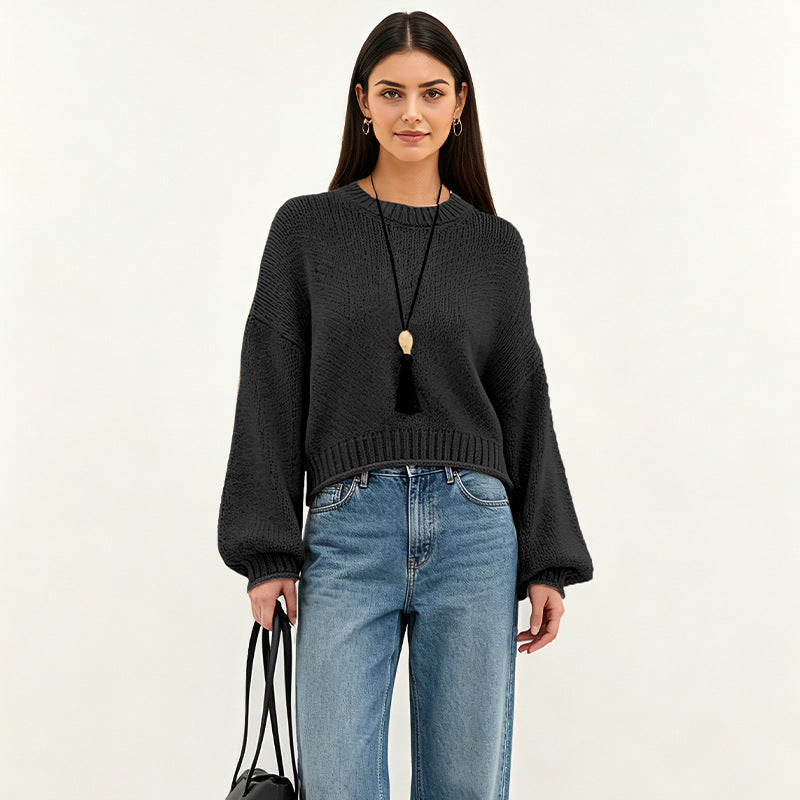 Womens Loose-Fit Round-Neck Casual All-Match Knitted Sweater