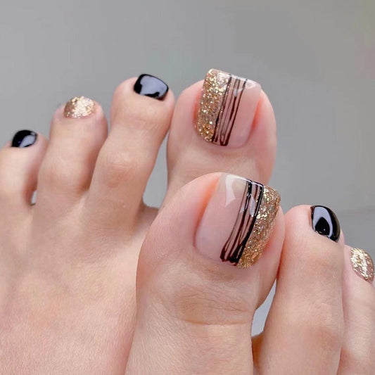 Fashion Black Line Gold Powder Manicure Nails