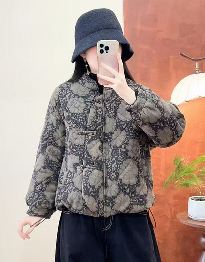 Womens Cotton-Polyester Printed Stand-Collar Coat