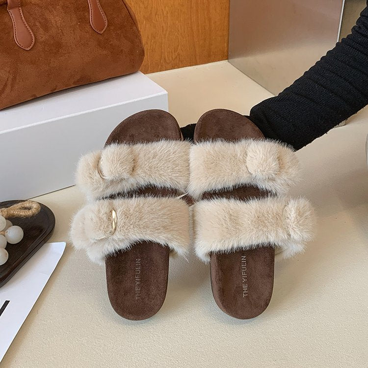 2026 New Warm Furry  Style Double Buckle Slides For Women, Luxe Outdoor Fuzzy Slippers