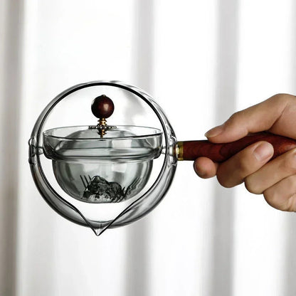Rotary Glass Teapot with Infuser and Wooden Handle