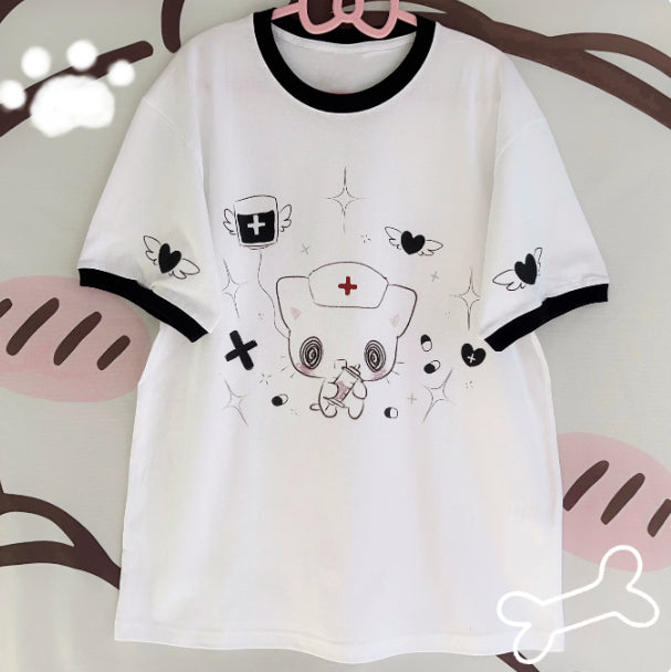 2D Kawaii Otaku-style Pure Cotton Patchwork Short-sleeve Top
