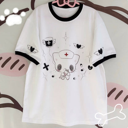 2D Kawaii Otaku-style Pure Cotton Patchwork Short-sleeve Top