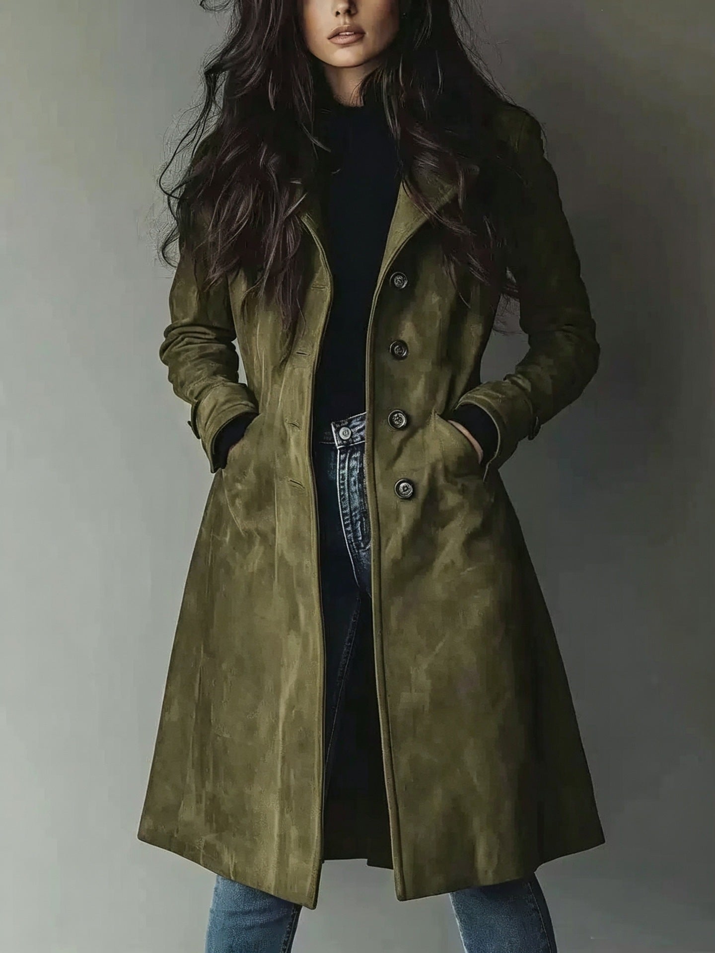 High Quality European American Style Women's Fall Winter Lapel Suede Mid-Length Trench Coat