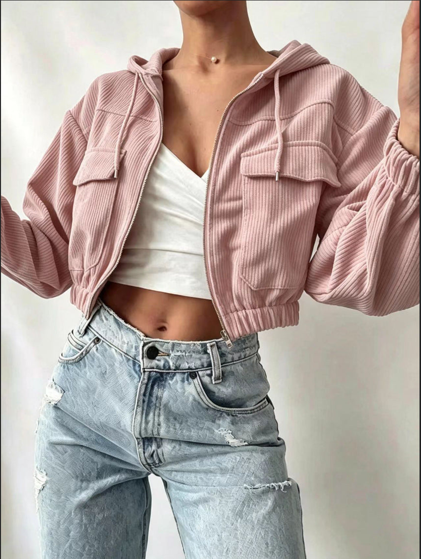 Womens Hooded Drawstring Short Jacket With Long Sleeves