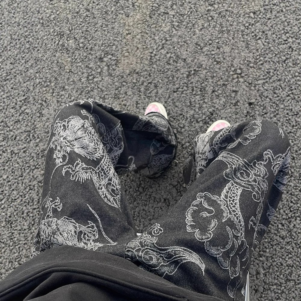 American-style Vintage Edgy Dragon-print Slimming Wide-leg Denim Pants