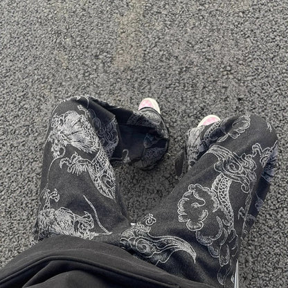 American-style Vintage Edgy Dragon-print Slimming Wide-leg Denim Pants