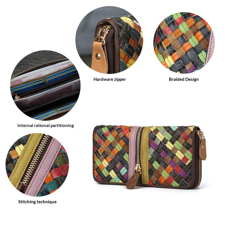 Genuine Leather Woven Patchwork Long Wallet