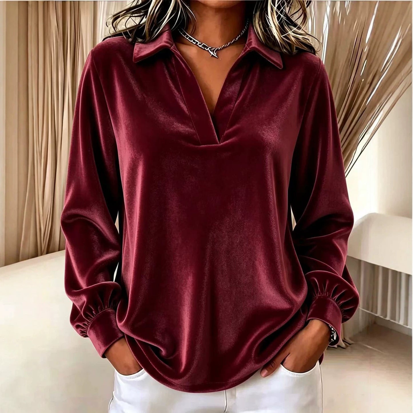 V-neck Long-sleeve Loose-fitting Womens Top