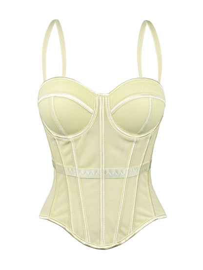 European And American Pure Color Fashionable Fishbone Bra, Waist Slimming Look Mesh Camisole With Breast Pads, Fishbone Top For Outer Wear