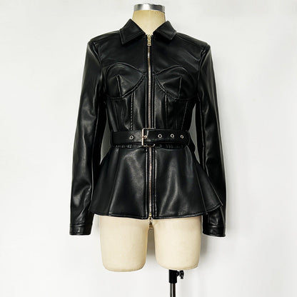 Zipper Belt Lapel Long-Sleeve Coat