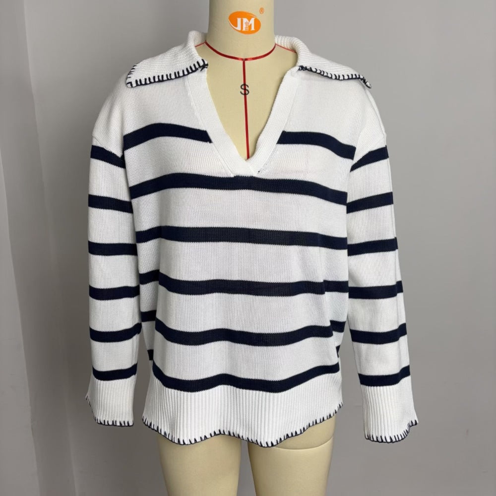 2024 Autumn And Winter Cross-border Amazon Loose Stripe Contrast POLO Collar Pullover Sweater New Inter-color Knitted Sweater For Women
