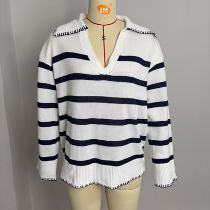 2024 Autumn And Winter Cross-border Amazon Loose Stripe Contrast POLO Collar Pullover Sweater New Inter-color Knitted Sweater For Women