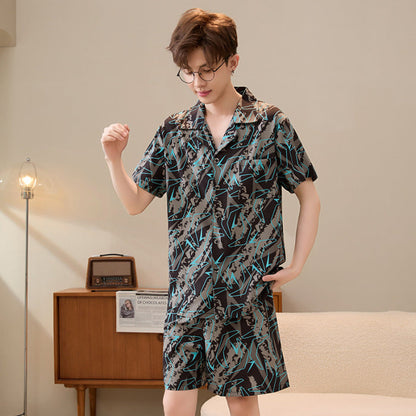 Mens Summer Cardigan Ice-silk Short-sleeve Top And Shorts