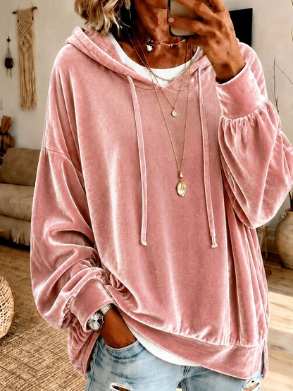 Women Casual Velvet Hooded Sweatshirt Long Sleeve Drawstring Loose Pullover Hoodie With Side Pockets Fall Winter Tops