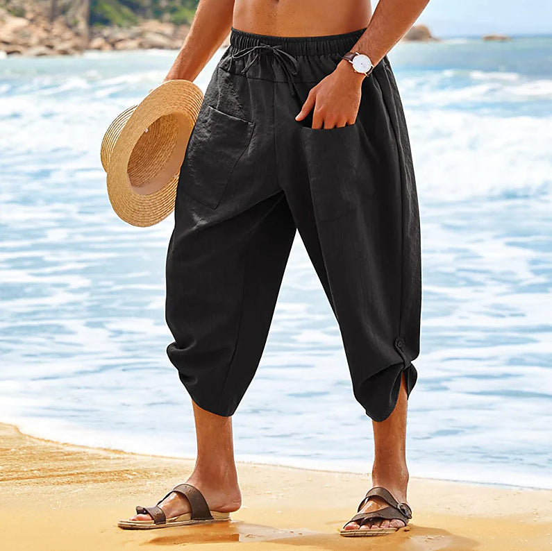 Men's Shorts Linen Shorts Summer Shorts Beach Shorts Capri Pants Drawstring Elastic Waist Front Pockets