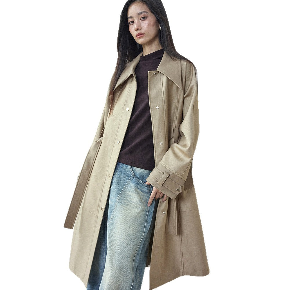 Vintage High-end Leather-patchwork Mid-length Trench Coat For Women