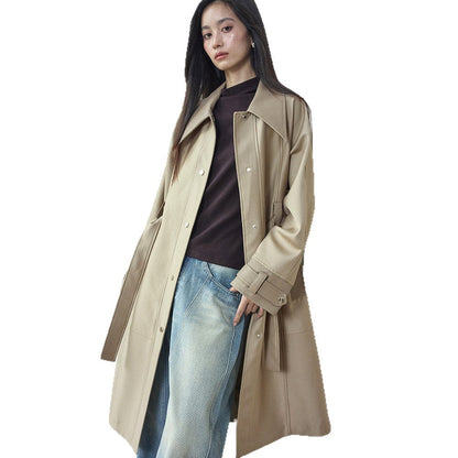 Vintage High-end Leather-patchwork Mid-length Trench Coat For Women