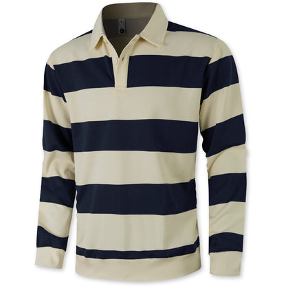 Men's Striped Color-Blocked Button Long-Sleeve Knit Shirt, Casual Sporty Trendy Business Polo Shirt