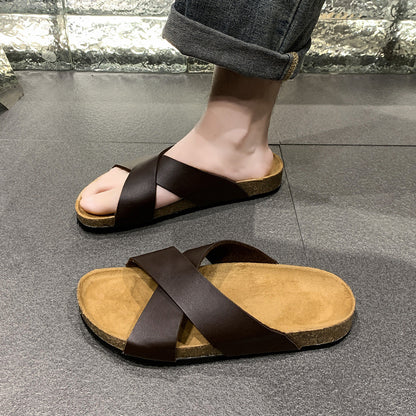 Mens Cork Slippers Cross-strap Sandals Fashionable
