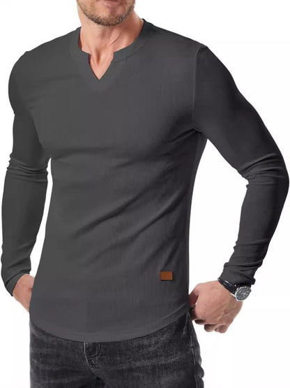 Cross-border Amazon New Foreign Trade Autumn And Winter Men's V-neck Pit T-shirt Solid Color Casual Fashion Men's Long Sleeve