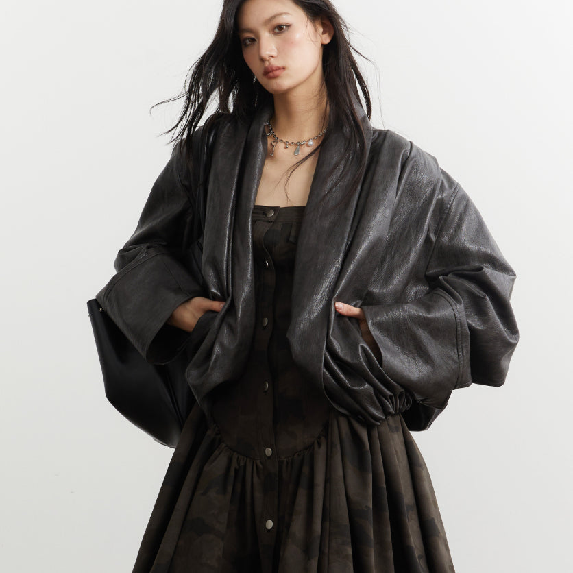 Gender-neutral Pleated Silhouette Ebony-brown Faux Leather PU Jacket