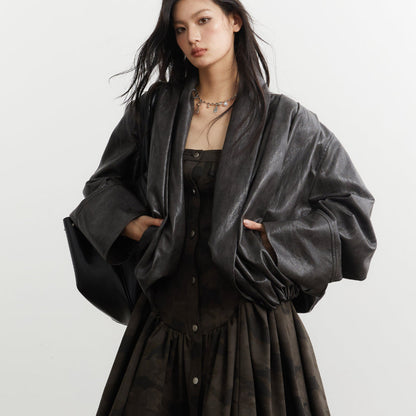 Gender-neutral Pleated Silhouette Ebony-brown Faux Leather PU Jacket