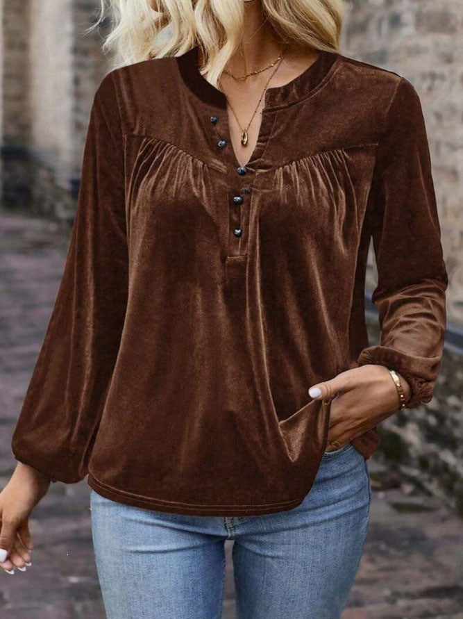 Women's Casual Chic Solid Color V-Neck Button Long Sleeve Pullover Top For Spring & Fall