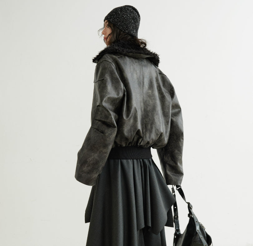 Turtleneck Smoky-blend PU Faux Leather Jacket