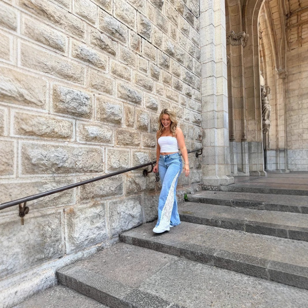 Stretch Lace Straight-leg Denim Jeans