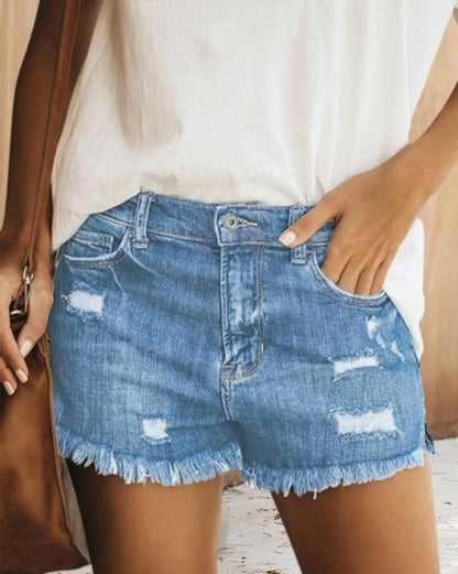 Womens Fashionable Ripped Fringed Denim Shorts