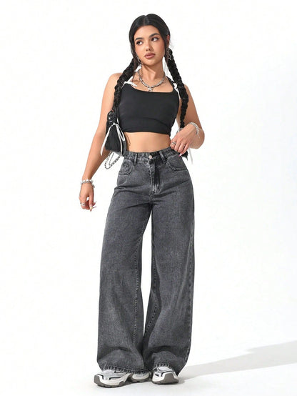 Floor-length Flared Straight-leg Denim Jeans For Women