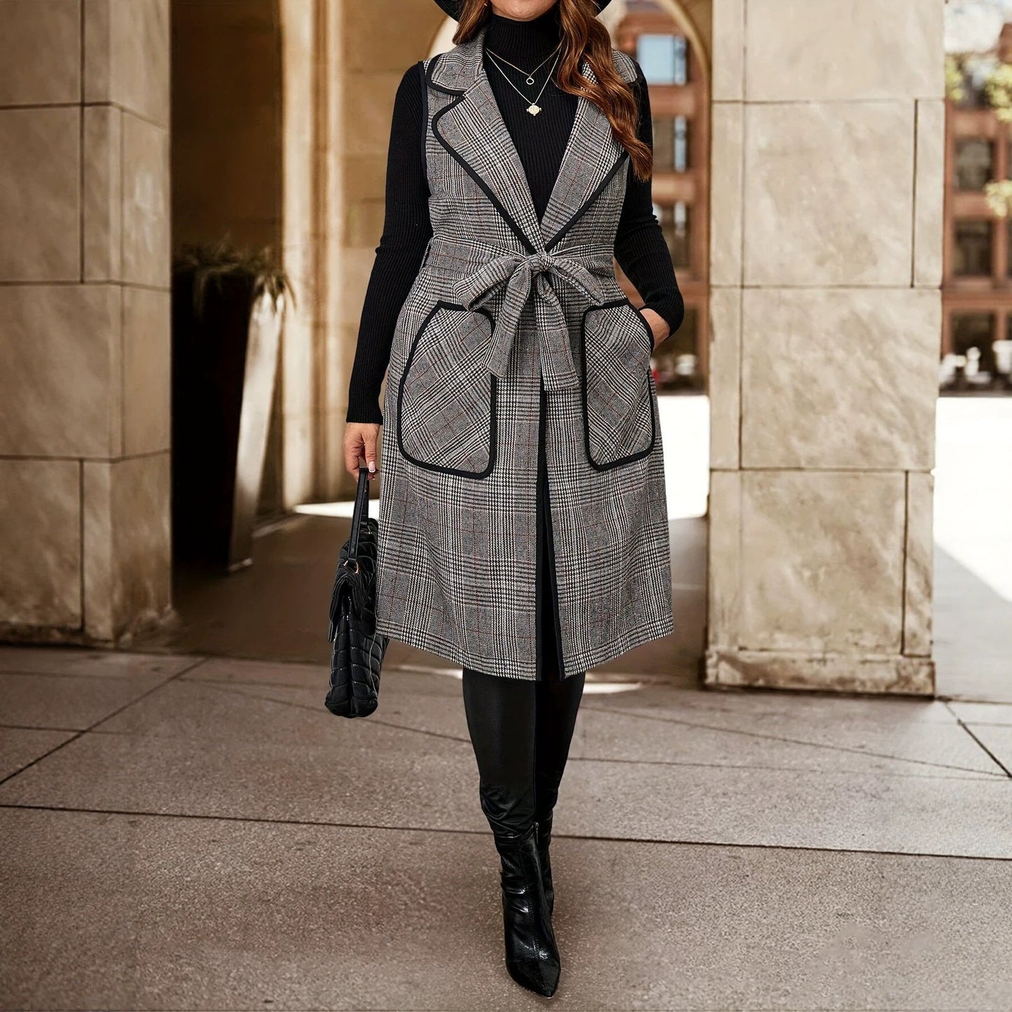 Womens Elegant Long Houndstooth Vest
