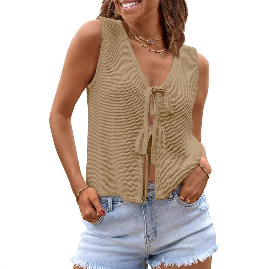 Beach Leisure Front Lace Up Women's Knitted Top Sweater Vest