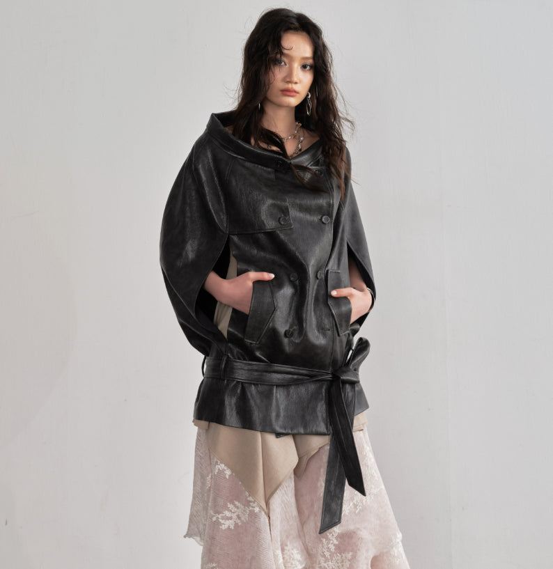Ebony Brown PU Leather Cloak-Style Cape Jacket